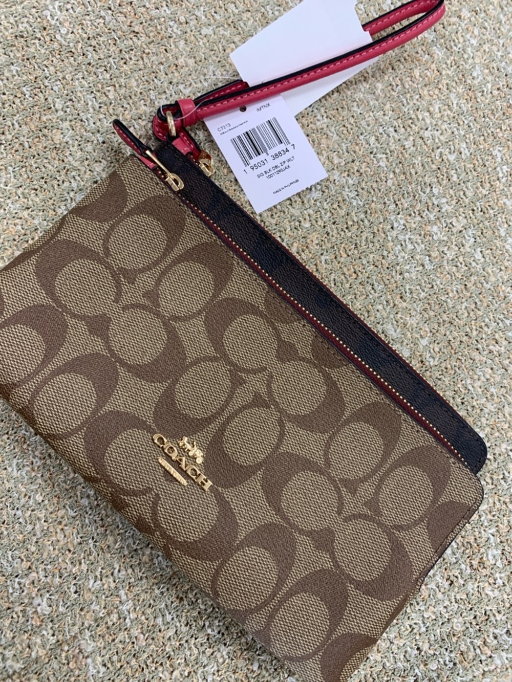 Coach Brown Signature Canvas Wristlet with Pink Strap - Picture 8 of 9